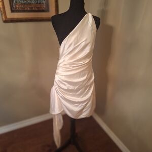 NWT Babyboo Avery Cream Ivory Satin Ruched One-Shoulder Mini Dress Sz Large